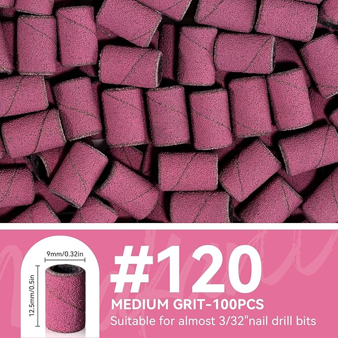 Makartt Sanding Bands for Nail Drill - 100 Pcs Nail File Sanding Bands for Drill Bits #120 Medium Grits for Acrylic Nails Gel Removing and Shaping, Upgrade Thicker Durable Sanding Drill Bit, Pink