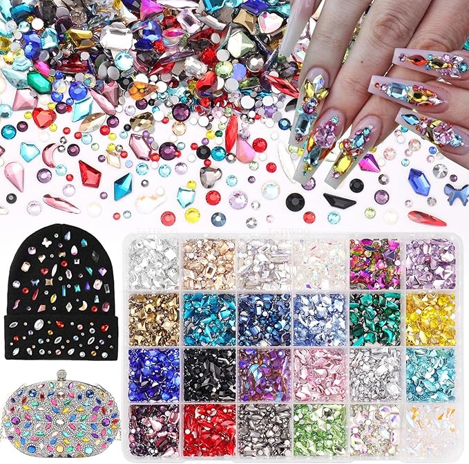 7680Pcs Crystal Nail Rhinestones, 24 Styles Rhinestones for Crafting, Multi Shapes Size Colors Flatback Rhinestone Bedazzled Gems for Nails Face Eyes Makeup Crafts Clothes Tumbler