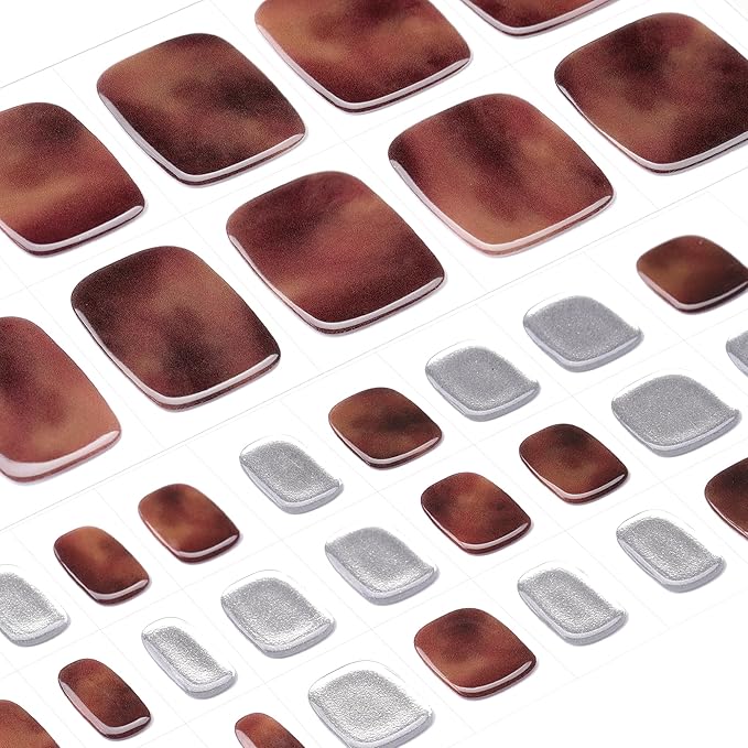 DANNI & TONI Semi Cured Gel Toenail Strips Amber (Sienna Glow) Silver Gel Toenail Stickers Ombre Pedi Wraps 37 Stickers