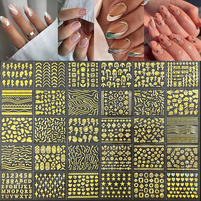 90 Sheets Nail Stickers for Nail Art, Flower Nail Art Stickers Gold Silver Line Star Floral Nail Decals for Nails Design, Aurora Nail Decor Nail Accessories for Women Girls