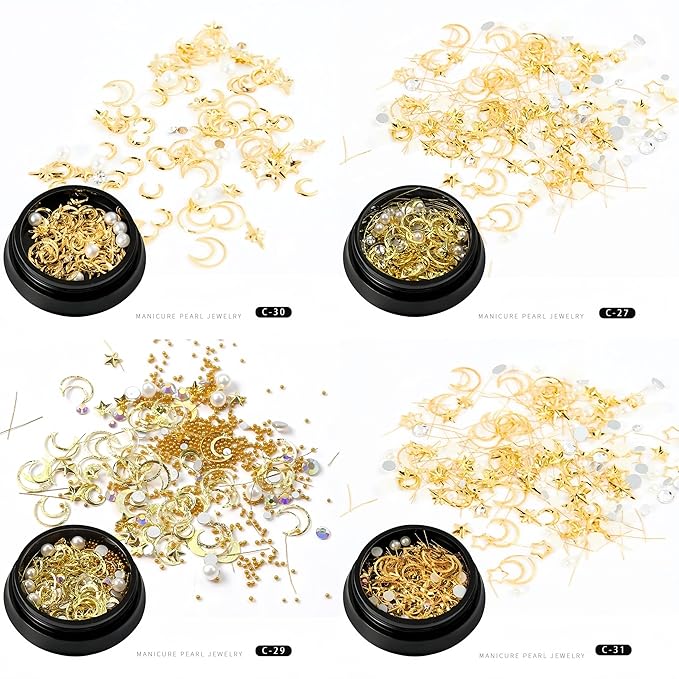 3D Nail Charms Nail Art Kit with 8 Jars of Nail Gems,Half-Round Pearls,Gold Metal Rivets,1 Nail Sculpting Clip&1 Dual-Ended Brush–DIY Manicure Set for Wedding,Party,Holiday,Home Salon (SET-B)