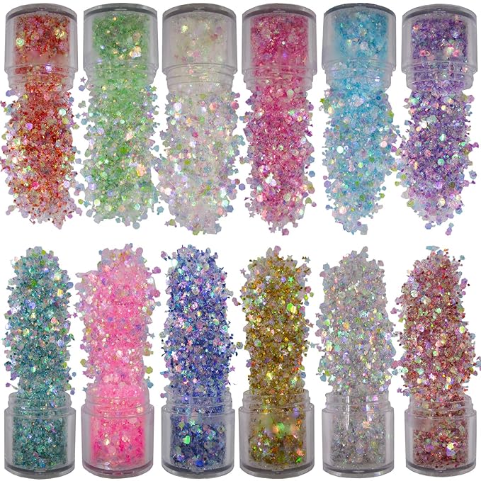 12 Bottle Opal Mermaid Chunky Glitter Iridescent Heart Star Hexagon Aurora Body Nails Glitters Resin Epoxy Accessories Crafts Supplies for Nails Art Tips Resin Mold Makeup