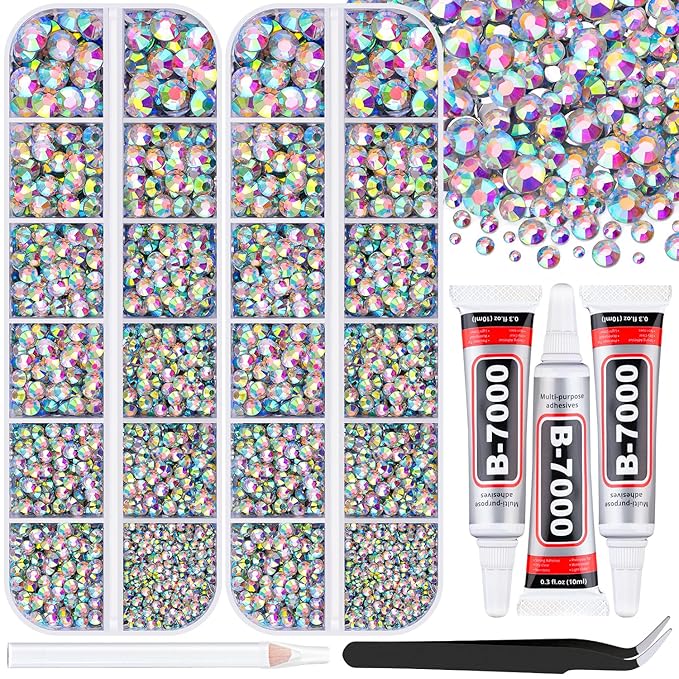 12000Pcs Resin Rhinestones for Bedazzling with 3Pcs B7000 Jewelry Glue, 2 Boxes AB Flatback Rhinestones for Crafting Crafts DIY, Crystals Gems for Clothing Shoes Tumblers Nail Art Makeup