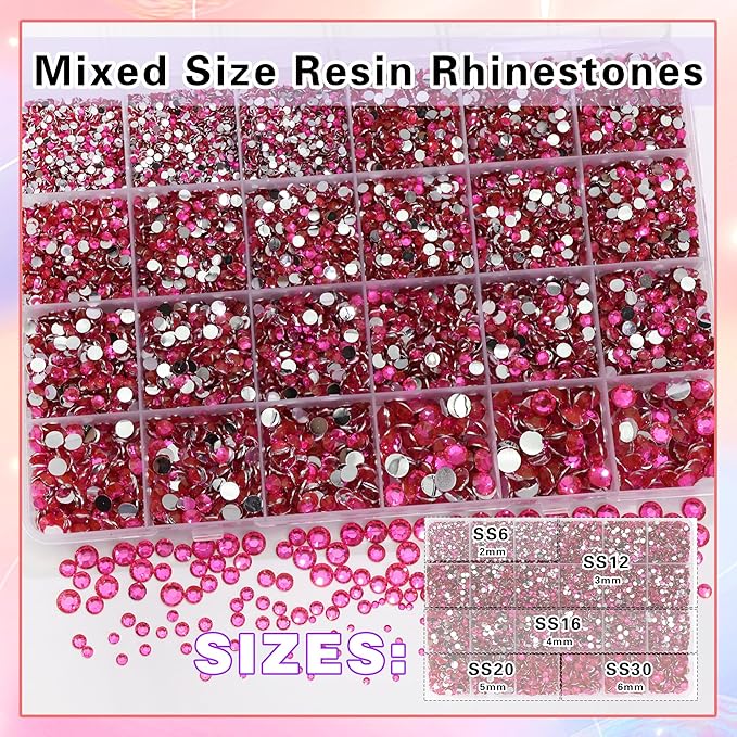 RODAKY Hot Pink Resin Rhinestones for Crafting Bedazzling,2-6MM Rhinestones for Nails Art,Hot Pink Nail Rhinestone and Gems,Nail Diamond Flatback Gems Crystals Charms for Nail Design DIY Makeup Decor