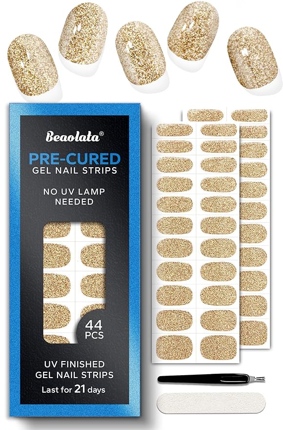 Pre Cured Gel Nail Strips - 44PCS Salon Quality Gel Nail Stickers - Long Lasting Polish Wraps for Women no UV Light Needed Easy Apply & Remove (Gilded Desire Gold)
