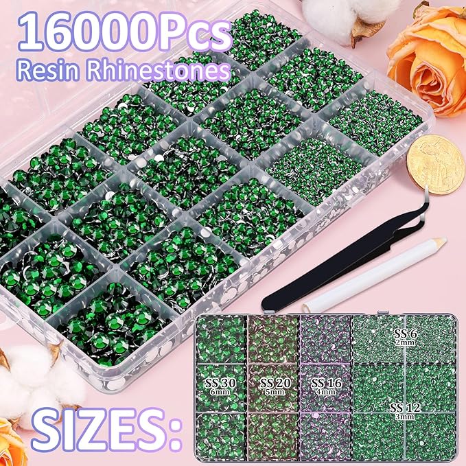 16000Pcs Resin Rhinestones for Crafting, Emerald Green Non Hotfix Flatback Gems, Bedazzling Crystal with 3Pcs 10ml B7000 Jewelry Glue for DIY Crafts Clothing Tumblers Shoes Fabric Nail Art