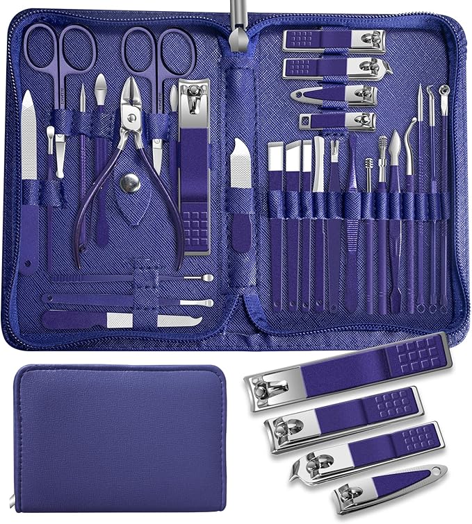 Manicure Set Personal Care Mens Grooming Kit, 30 in 1 Professional Manicure Kit Pedicure Kit, Nail Clippers for Men and Beauty Tool Portable Set, with Luxurious Travel Case (Blue)