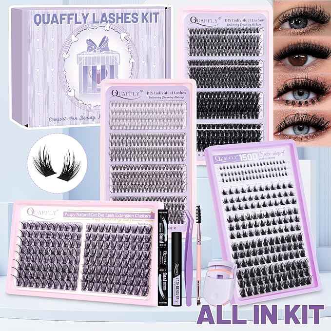DIY Lash Extension Kit Natural Bottom Lashes 980Pcs Individual Eyelash Extension Kit with Lash Bond&Seal Remover Tweezer Dual-Ended Brush Lash Curler Easy to Use for Beginners