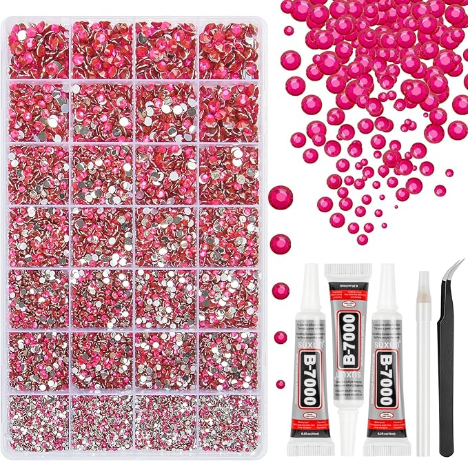 33000Pcs Light Rose Red Resin Jelly Rhinestones for Bedazzling, 2-6mm Flatback Gems for Diamond Art, Bedazzler Kit with 3Pcs 10ml B7000 Jewelry Glue for Crafting Crafts Nail Art