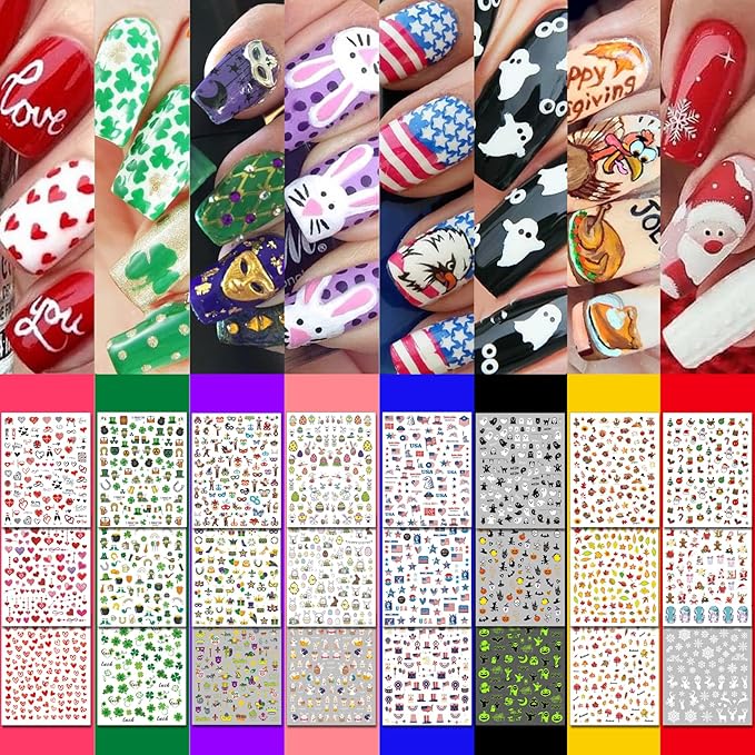 30 Sheets 8 Holiday Nail Art Stickers, Variety Pack All Season Nail Decals for All Year, Self-Adhesive Pegatinas Uñas 4th of July Halloween Fall Christmas Valentine St. Patrick's