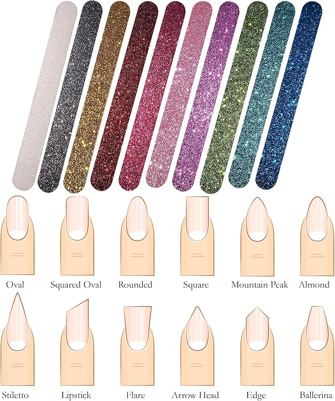 Glitter Colorful Nail File Strips - Manicure and Pedicure Nail Buffers - Double Sided Filers for Shaping and Smoothing Toenails and Fingernails (Regular, 10)