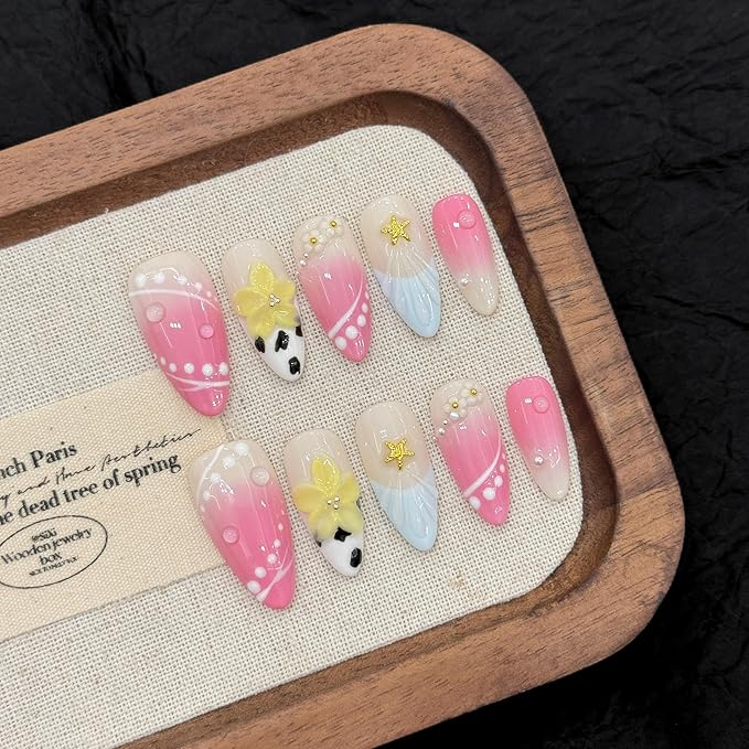 handmade nails press on Salon Quality pink light blue yellow flower Reusable almond hand-painted gentle elegant acrylic 3D fake nails designed kit,10 Nails, Size M #189