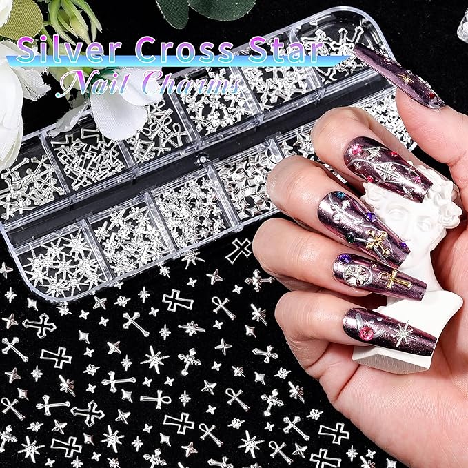 5 Boxes Gold & Silver Metal Nail 3D Punk Studs Star Cross Bow Gems and Small Caviar Beads Pearls Rhinestones Nail Art Jewels with Tweezers and Nail Brush and a Wax Pen Picker(9-Gold & Silver Studs)