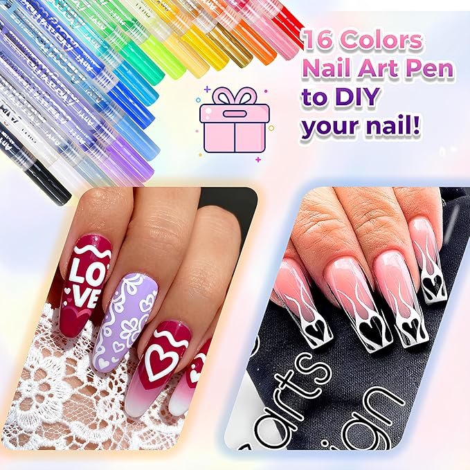 16 Colors Nail Art Pen Set, Nail Art Markers for DIY Nail Drawing, Dotting, and Striping, Manicure Design Tools for Salon and Home Use