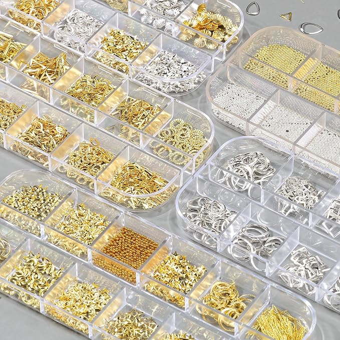 5 Boxes Gold Silver 3D Metal Punk Studs Star Moon Heart Triangle Ring Square Rivet Gems Nail Art Jewels and 4 Sheets Nail Stickers with a Curved Tweezers and a Nail Brush (Gold & Silver)