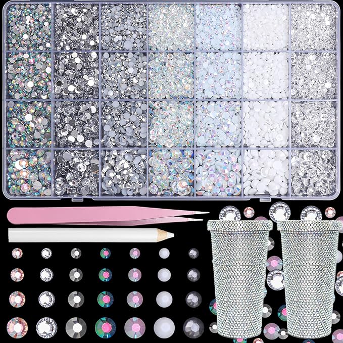 22300Pcs Silver White Rhinestones for Bedazzling, Mix Sizes Jelly Bedazzling Resin Gems, White Gems Bedazzling Kit for Crafting, Flatback Rhinestones for Nails Face Makeup Crafts Tumblers