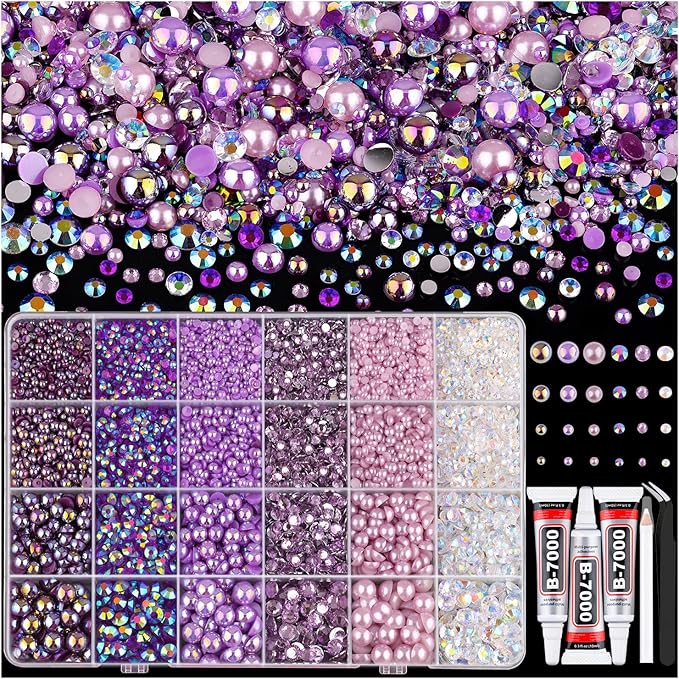 14000PCS Flatback Pearls and Rhinestones for Bedazzling Kit, Purple 3-10mm Resin Rhinestones and Half Pearls for Crafting, Nail Art Dec with 3pcs B7000 Jewelry Glue