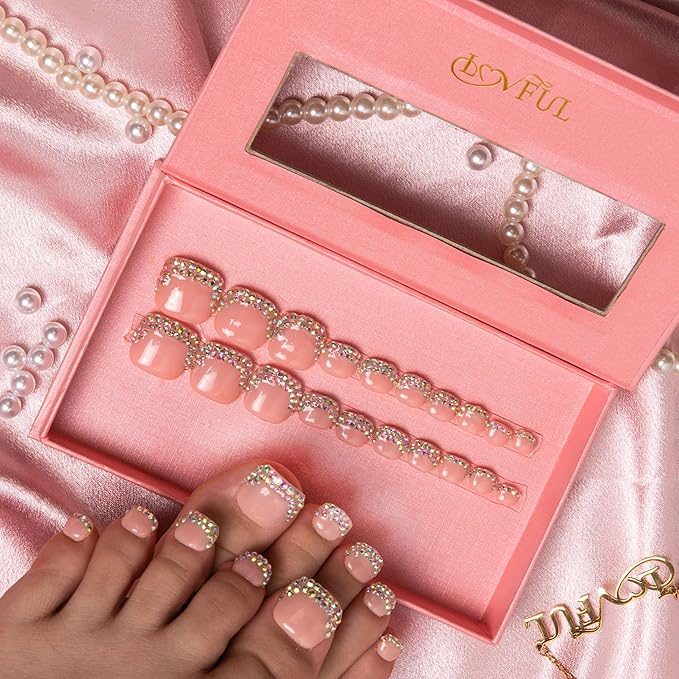 LOVFUL Handmade Acrylic Press on Toenails Nude French Tip Rhinestone | Salon Quality 20 PCS Free Size Toe Nails | Reusable Fake Nails for Toe | T48