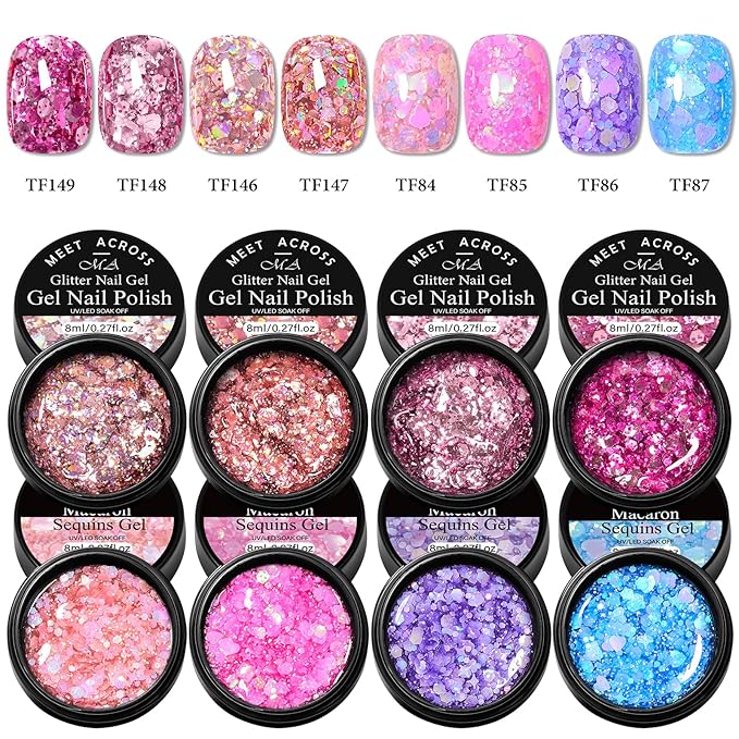 MEET ACROSS 9Pcs Glitter Gel Nail Polish Set with Nail Brush, 8 Colors Including Pink Blue Purple Sequins Gel Polish for Nail Art DIY Manicure Gift for Women