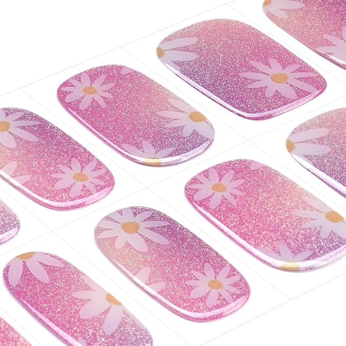 DANNI & TONI Semi Cured Gel Nail Strips Daisy Pink Holographic Gradient Gel Nail Wraps 28 Stickers | Aurora Bloom