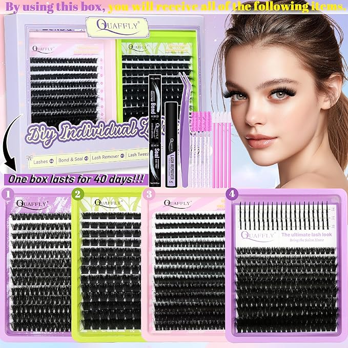 DIY Lash Extension Kit D Curl 10-18mm Individual Spikes Lashes with Lash Bond and Seal Lash Remover Tweezers Eyelash Brush Mini Applicator Easy to DIY At Home