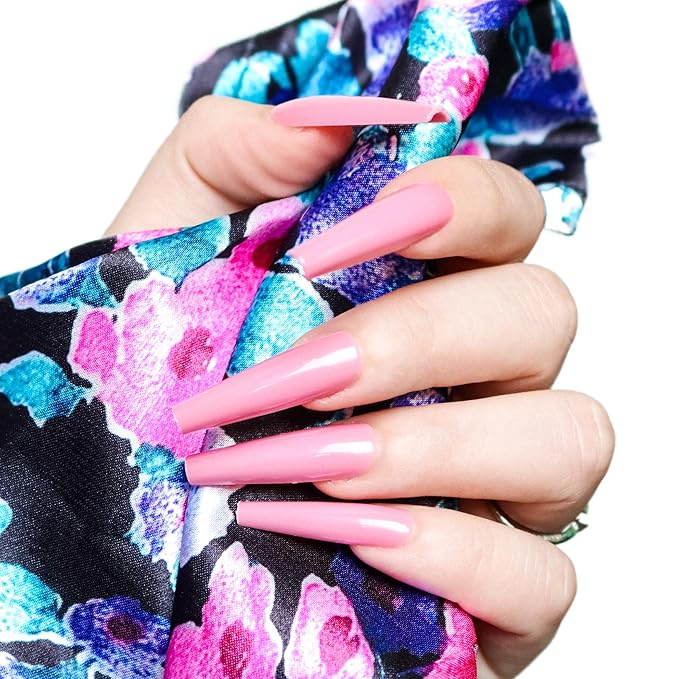 Allkem Press On Nails - Rose Pink Glossy Extra Long Ballerina 2 Set Bundle | 10 sizes - 20 pcs False Nails Full Cover Nail Kit with Glue