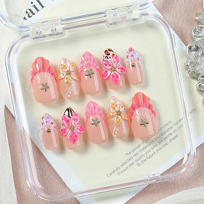 Acrylic y2k Sweet Pink Press On Nails with Red French Tips, Handmade 3D Flower Tropical Shell Almond Fake Nails with Starfish Charms & Floral Art, Beach Vacation Nail Tips