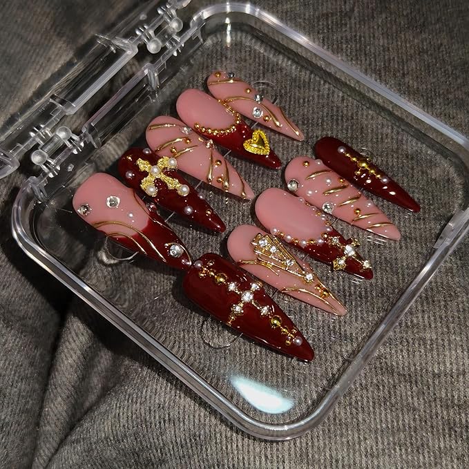 Handmade Press on Nails Long Stiletto - Wine Red French with 3D Cross & Wave Charms | Reusable & Enamel Glossy False Nails | Gothic Classical Style(L)