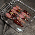 Handmade Press on Nails Long Stiletto - Wine Red French with 3D Cross & Wave Charms | Reusable & Enamel Glossy False Nails | Gothic Classical Style(L)