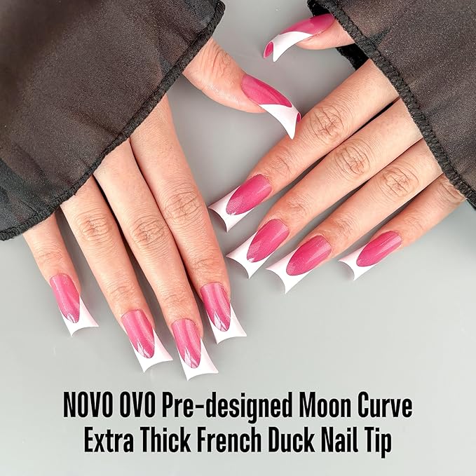 NOVO OVO Halloween Duck Nail White French Tips Press On ROSE PINK with Glitter, Full Cover Acrylic with Moon Curve, Medium Thick Pre-Etched Flare Wide Soft Gel False Nail Extension x 15 Sizes 150 pcs