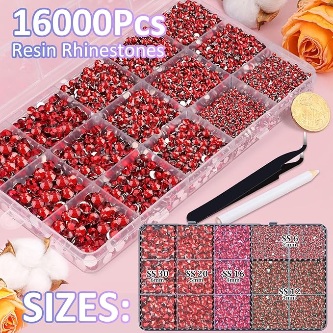 16000Pcs Resin Red Rhinestones for Crafting, Non Hotfix Flatback Gems, Bedazzling Crystal with 3Pcs 10ml B7000 Jewelry Glue for DIY Crafts Clothing Tumblers Shoes Fabric Nail Art