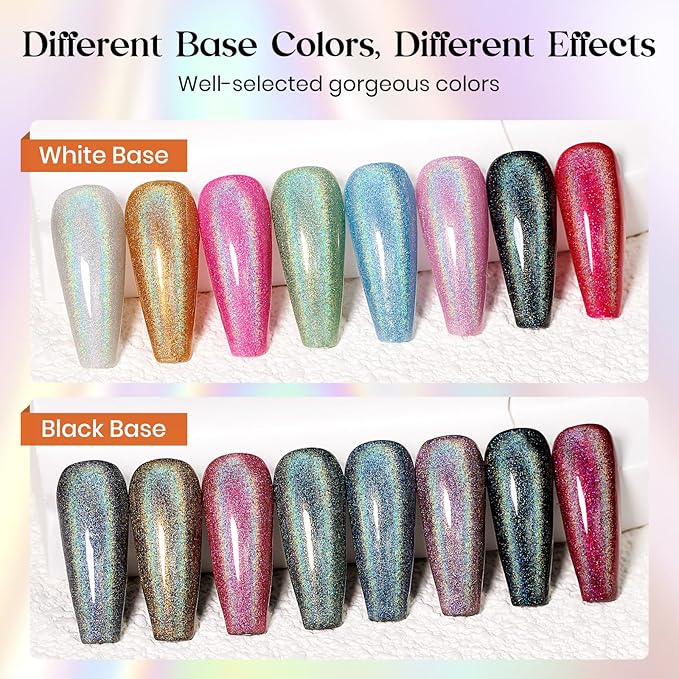 MIZHSE 8 Colors Holographic Gel Nail Polish, Laser Iridescent Gel Polish Set, Chrome Rainbow Shimmer Glitter Nail Gel, Sparkly Shiny Gel Polish Silver Pink Nail Art Salon at Home Women Gift