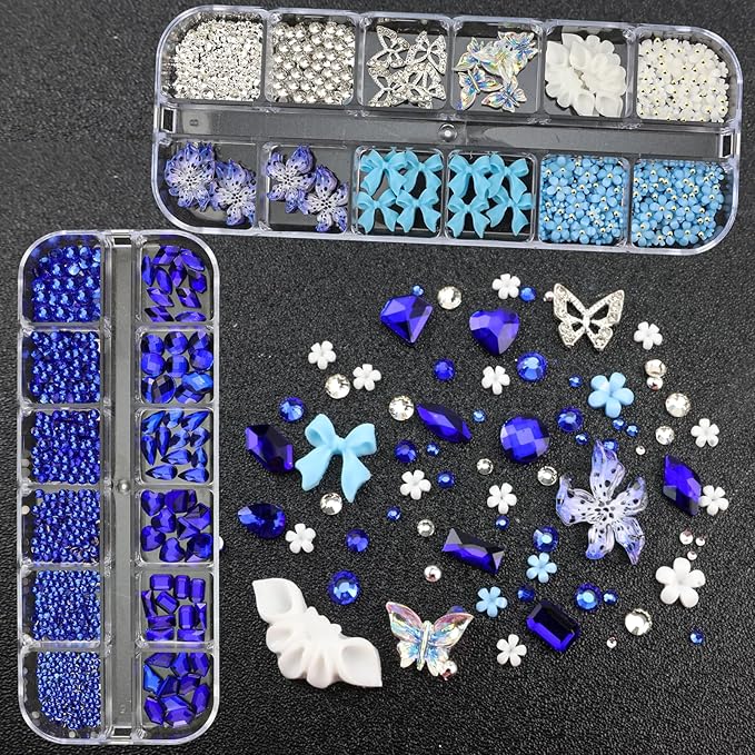 4 Boxes Blue Nail Gems Bow Flower Nail Charms for Acrylics - Irregular Crystals, Nails Rhinestone & Accessories for Women Nails Art Design Nails Decor(Blue)