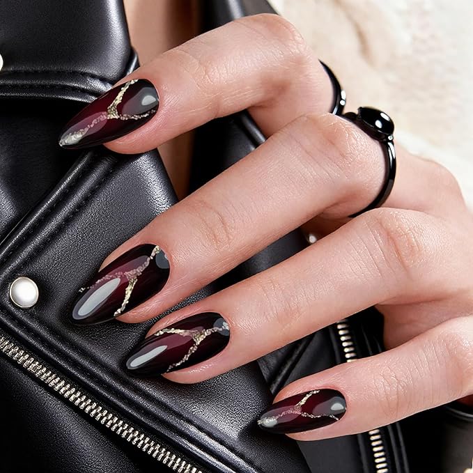 Goth Red Black Press On Nails Almond -Medium Press On Nails with Nail Glue, Fit Perfectly & Natural Reusable Stick On Nails in 12 Sizes - 24PCS Soft Gel Glue On Nails Kit