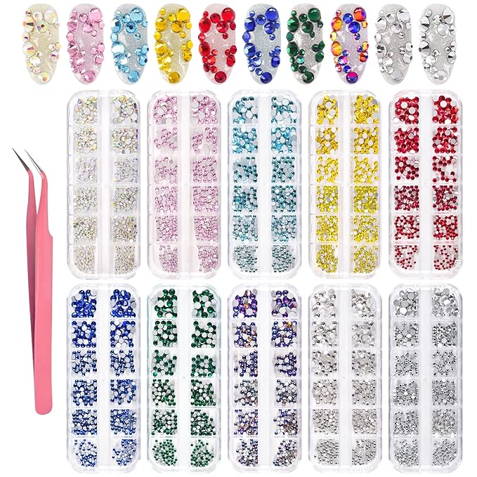 KADS Nail Crystals AB Nail Art Rhinestones 10 Colors Round Beads Flatback Glass Charms Gems Stones 6 Sizes for Nails Decoration Makeup Clothes Shoes (10 Colors+ Tweezer)