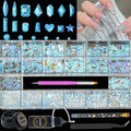 HNUIX Nail Rhinestones - 3200pcs Crystals Aurora, Multiple Shape Gems, Flatback Rhinestones, with Kit and Glue Gel, for Nail Art
