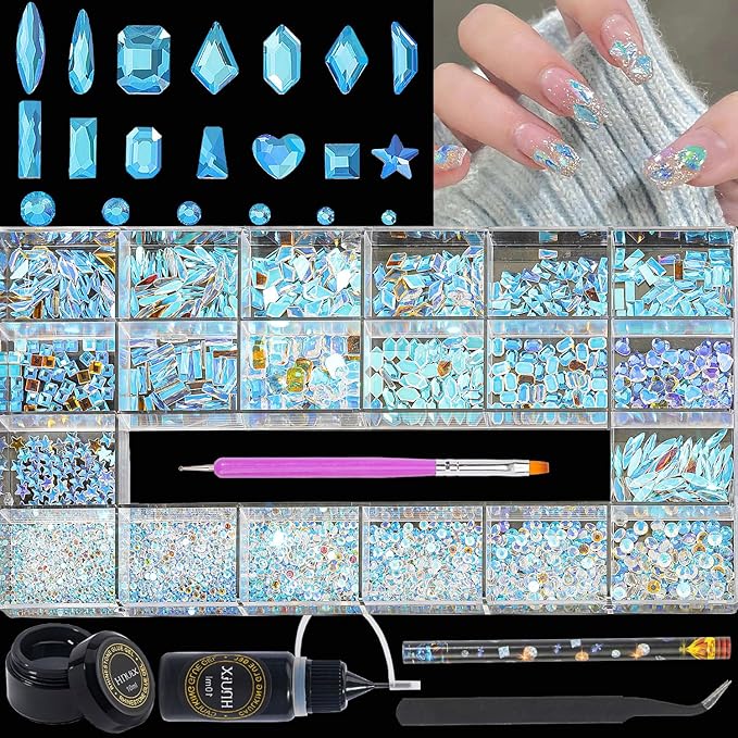 HNUIX Nail Rhinestones - 3200pcs Crystals Aurora, Multiple Shape Gems, Flatback Rhinestones, with Kit and Glue Gel, for Nail Art