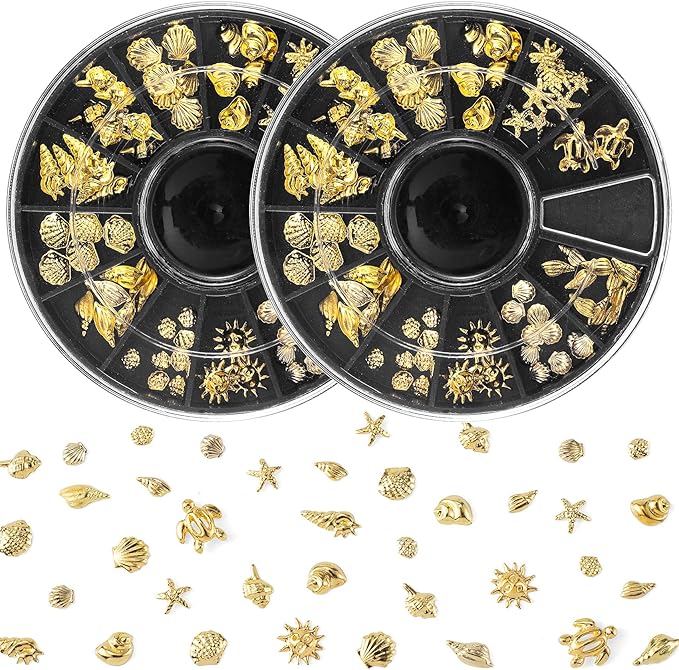 Ocean Nail Charms Nail Art Stickers 2 Disc, Beach Starfish Sea Seashell Charms Decals, Gold Metal 3D Gems Decals for Manicure DIY Embellishments 12 Style