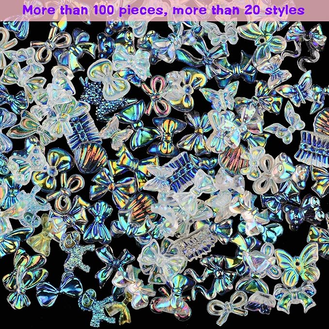 100 Pieces 3D Resin Butterfly Bear Nail Charms Rose Flower Peach Bow Snake Rabbit Animal Shaped Nail Art Rhinestones Pearls for DIY Nail Art Decoration Making Craft (Transparent AB)