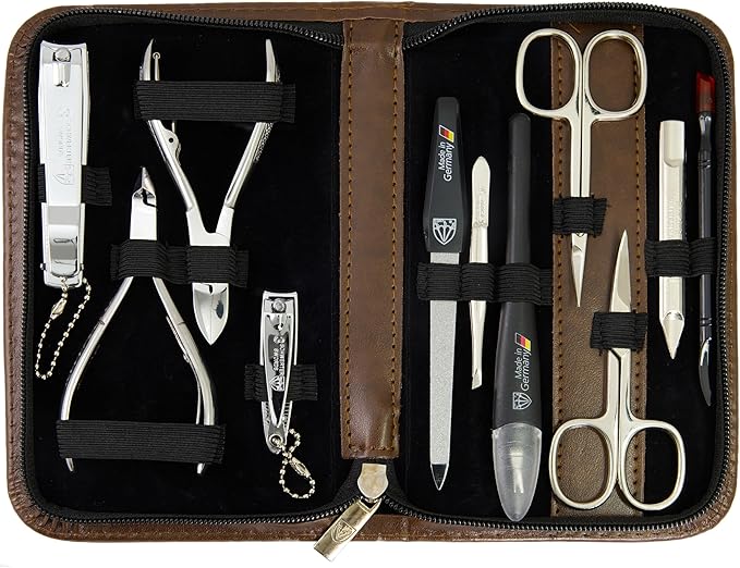 3 Swords Germany - brand quality 10 piece manicure pedicure grooming kit set for nail care scissors clipper brown synthetic leather case - Made by 3 Swords