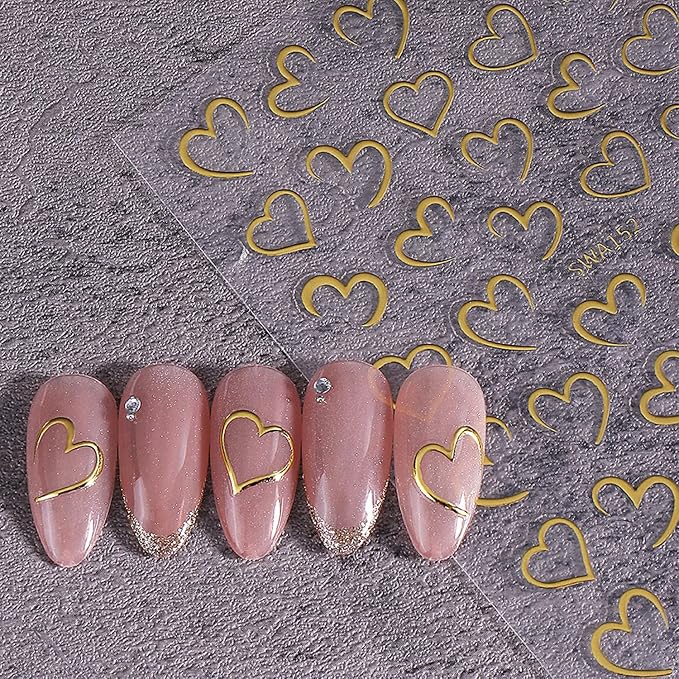 4 Sheets Valentines Nail Stickers for Nail Art 3D Self-Adhesive Gold Silvery Heart Nail Art Stickers Rose Red Holiday Nail Decals Romantic Heart Line Nail Art Supplies Design for Women Girls