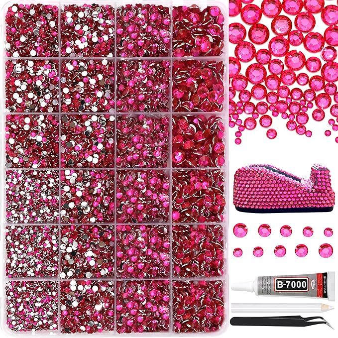 RODAKY Hot Pink Resin Rhinestones for Crafting Bedazzling,2-6MM Rhinestones for Nails Art,Hot Pink Nail Rhinestone and Gems,Nail Diamond Flatback Gems Crystals Charms for Nail Design DIY Makeup Decor