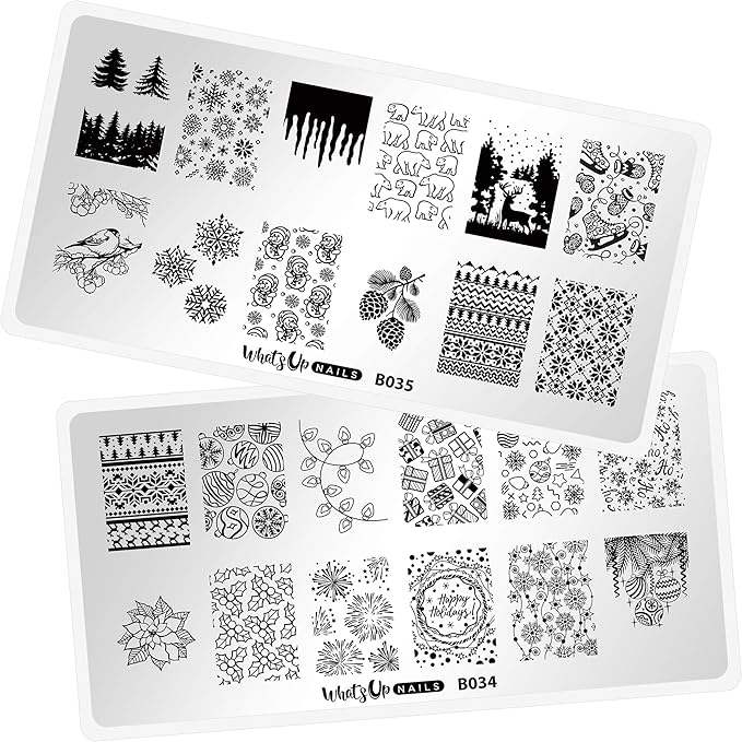 Whats Up Nails - Christmas New Year Winter Nail Stamping Plates (B034, B035) for Nail Art Design