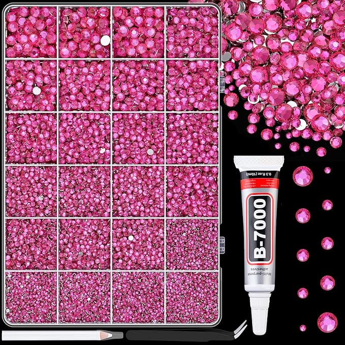 25000Pcs Resin Rhinestones for Crafting, Hot Pink 2-6mm Mixed Sizes Non Hotfix Flatback Gems with 1Pcs Glue, Bedazzling Crystal for DIY Craft Clothing Mugs Tumblers Shoes Fabric Decor Nail Art