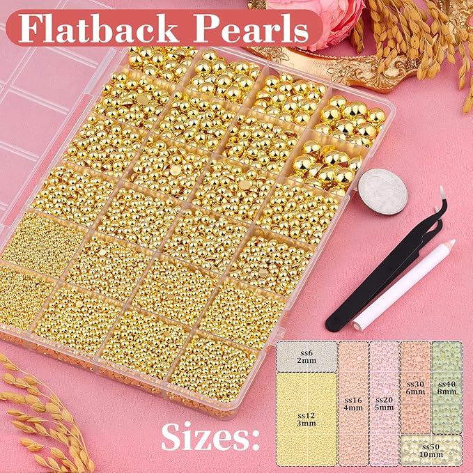 13000Pcs Flatback Pearls for Crafting (Gold), Assorted Size 2/3/4/5/6/8/10mm Non Hotfix Half Pearl, Bedazzling Bead for DIY Crafts Clothing Tumblers Mugs Shoes Fabric Embellishment Nail Art Makeup