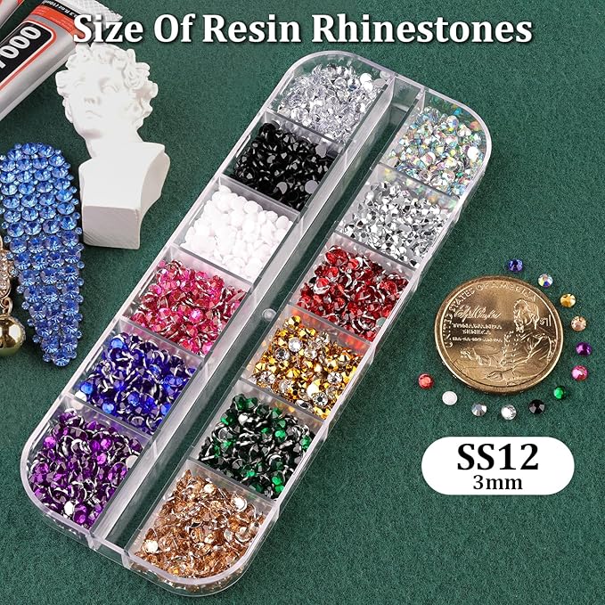 Resin Rhinestones for Crafting with B7000 Jewelry Glue, 1 Box Mix Colors 3mm Flatback Crystals with 3Pcs 10ml Glue for Bedazzling Crafts DIY Nail Art Makeup，Non Hotfix Gems for Clothing Shoes