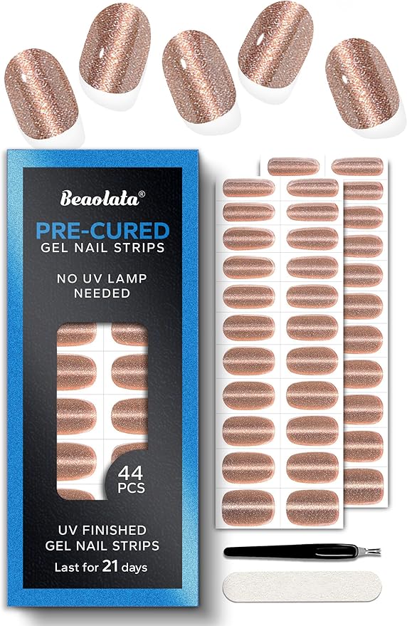 Real Gel Nail Strips (No UV Light Needed) - 44Pcs Salon Quality Nail Stickers - Long Lasting Polish Wraps for Women, Easy Apply & Remove (Pink Gold Shimmer)