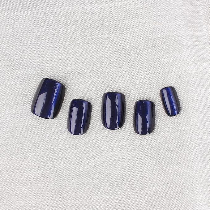 Blue Square Press On Nails Short, Blue to Black Gradient Cat Eye Press on Nails with Glue for Women Ashionable Gel False Nails Reusable Acrylic False Nails Women's Glitter Nails Glue On Nails Kit