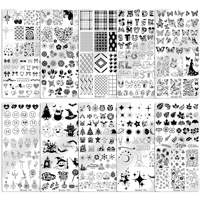 Biutee 10PCS Nail Art Stamping Plates Set Nail Stamper Kit with Nail Stamper Scraper and Storage Bag, Nail Stamp Plate Butterfly Starry Sky Flower Bowknot Design Nail Stamping Kit