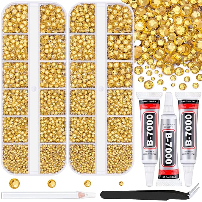 12100Pcs Resin Rhinestones for Crafting with 3Pcs 10ml B7000 Jewelry Glue, 2 Boxes Flatback Crystals Diamond (Golden Yellow) for Bedazzling Crafts DIY Nail Art, Gems for Clothing Shoes